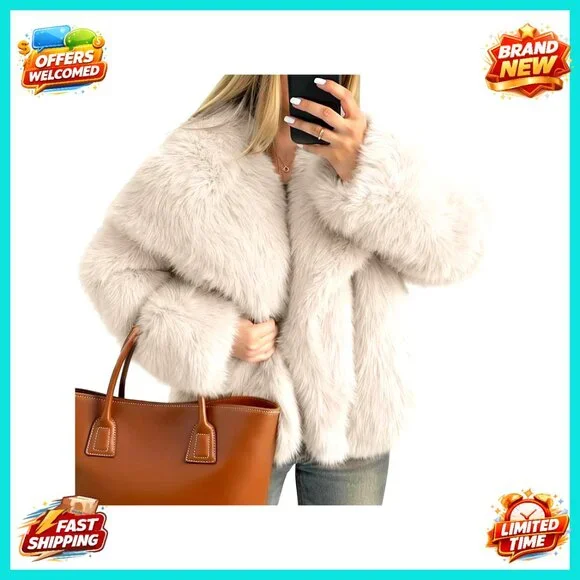Faux Fur Coat Fluffy Cropped Jacket Long Sleeve Lapel Open Front Warm - Picture 1 of 7